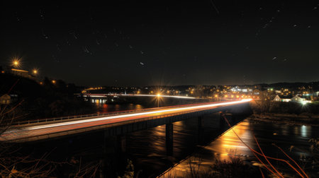 A long exposure shot of a bridge crossing a river at night, with light trails from passing cars.の素材