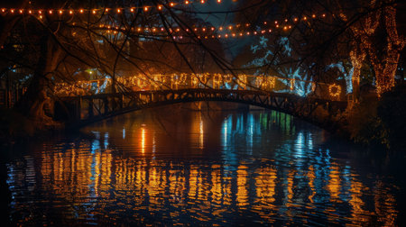 A night scene of a bridge crossing a river, with festive lights strung along the rails, reflecting in the water below.の素材