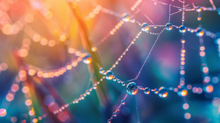 A macro shot of water droplets on a spider's web, glistening like diamonds in the soft morning light.の素材