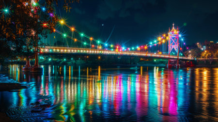 A night view of a suspension bridge with colorful lights, casting vibrant reflections on the river below.の素材