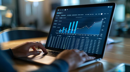 A laptop screen showing a detailed business graph, with a person typing on the keyboard in the background.の素材