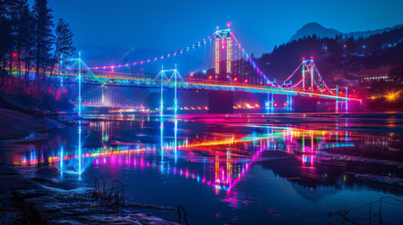 A night view of a suspension bridge with colorful lights, casting vibrant reflections on the river below.の素材