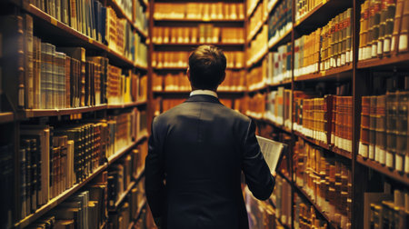 A lawyer reviewing legal documents and statutes in a law library, surrounded by shelves of books and case files.の素材