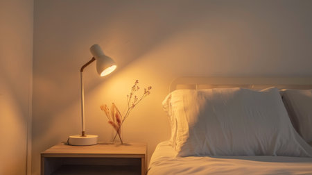 A minimalist bedroom with a simple bedframe, white bedding, and a single, stylish lamp on a small bedside table.の素材