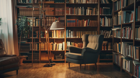 A minimalist living room with a large bookshelf, a comfortable armchair, and a floor lamp, creating a perfect reading nook.の素材