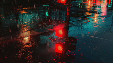 A night scene with a traffic light showing red, and the reflections of the lights on wet pavement after a rain.の素材