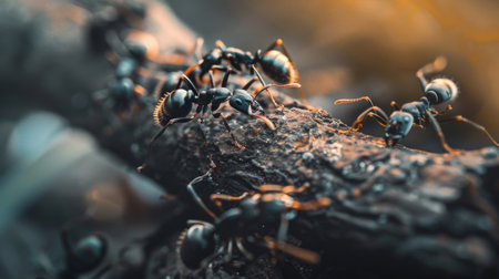 A macro shot of ants crawling on a tree branch, highlighting their intricate anatomy and unique patterns.の素材