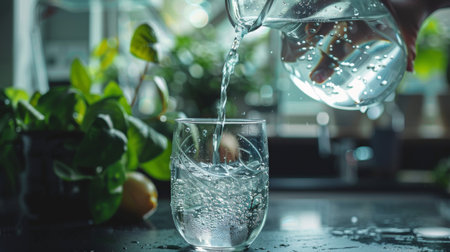 A hand pouring water from a pitcher into a glass, with droplets cascading down the sides in a refreshing and inviting manner.の素材