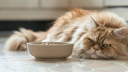A heavyset Persian cat lying on a tiled kitchen floor, eyeing a bowl of kibble with anticipation.の素材