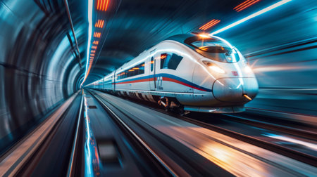 A high-speed train traveling through a modern urban tunnel system, showcasing the integration of rail infrastructure with city planning.の素材