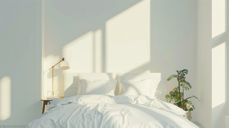 A minimalist bedroom with a simple bedframe, white bedding, and a single, stylish lamp on a small bedside table.の素材