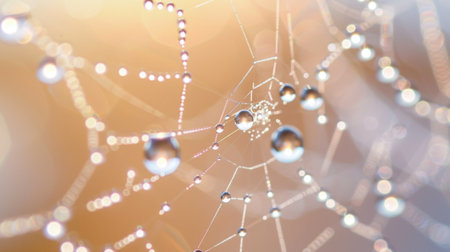 A macro shot of water droplets on a spider's web, glistening like diamonds in the soft morning light.の素材