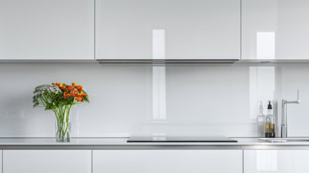 A modern minimalist kitchen with clean lines, white cabinetry, and stainless steel appliances, with a small vase of flowers on the counter.の素材