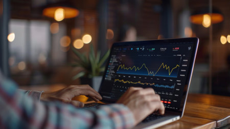 A laptop screen showing a detailed business graph, with a person typing on the keyboard in the background.の素材