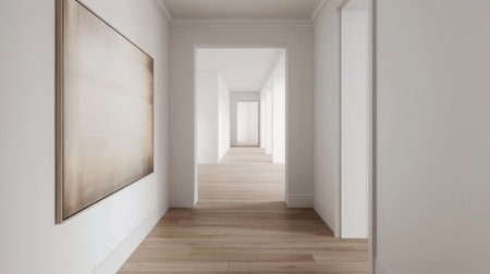 A minimalist hallway with white walls, a single piece of art, and a wooden floor leading to the rest of the house.の素材