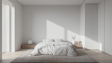 A minimalist bedroom with a built-in wardrobe, a simple nightstand, and a soft rug adding a touch of warmth.の素材