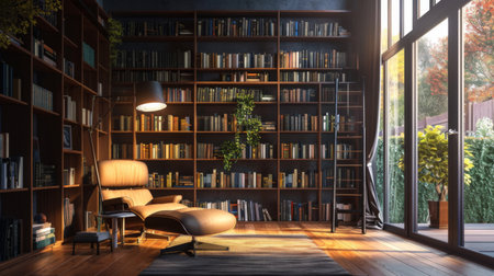 A minimalist living room with a large bookshelf, a comfortable armchair, and a floor lamp, creating a perfect reading nook.の素材