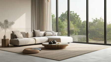 A minimalist living space with a neutral color palette, featuring a comfortable sofa, a coffee table, and a large window with a view.の素材