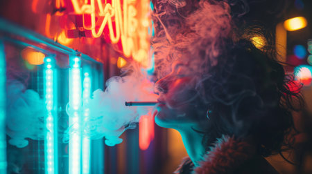 A person smoking in front of a neon sign at night, with the colorful lights illuminating the cigarette smoke.の素材