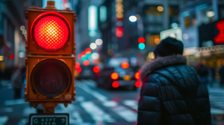A pedestrian waiting at a crosswalk with the pedestrian signal showing red, with shops and traffic in the background.の素材