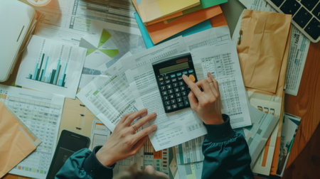 A person calculating expenses using a calculator, with a financial report and receipts spread out on the table.の素材