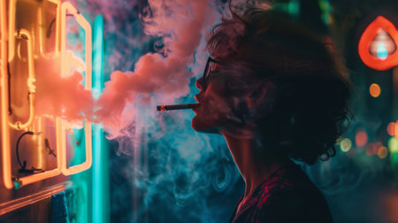 A person smoking in front of a neon sign at night, with the colorful lights illuminating the cigarette smoke.の素材