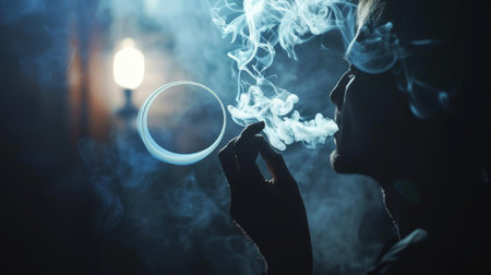 A person blowing a smoke ring in a dark room, with the ring floating gracefully through the air.の素材