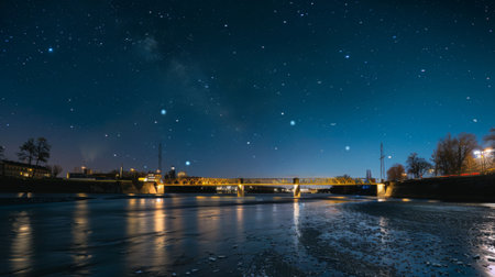 A peaceful night view of a bridge over a wide river, with soft lights highlighting its structure and a clear starry sky.の素材
