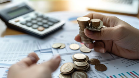 A person holding a stack of Thai baht coins in one hand, with financial documents and a calculator on a desk.の素材