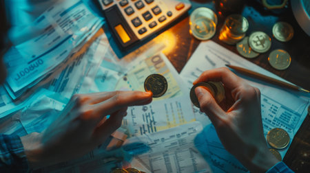 A person holding a stack of Thai baht coins in one hand, with financial documents and a calculator on a desk.の素材