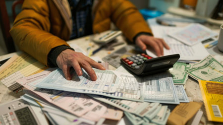 A person calculating expenses using a calculator, with a financial report and receipts spread out on the table.の素材