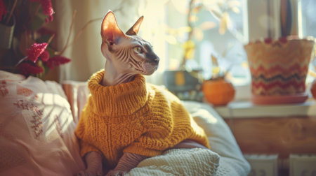 A rotund Sphynx cat wearing a cute sweater, sitting on a soft pillow in a brightly lit room.の素材