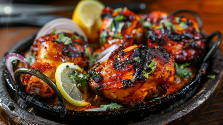 A platter of tandoori chicken sizzling on a hot plate, with lemon wedges and onion rings on the side.の素材