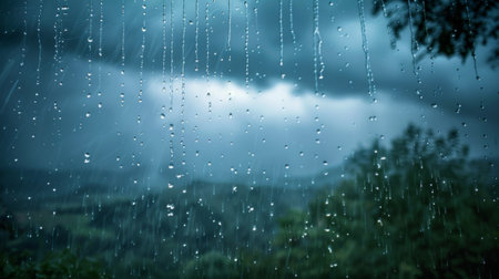 A rainstorm seen from a distance, with curtains of water droplets descending from dark and ominous clouds.の素材
