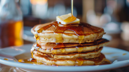 A stack of buttermilk pancakes with a pat of melting butter and a drizzle of maple syrup, served for a hearty breakfastの素材