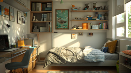 A small bedroom with a single bed, a study area with a desk and chair, and shelves filled with books and decor.の素材