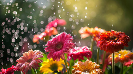 A refreshing shower of water droplets falling on a group of colorful flowers, nourishing them and enhancing their beauty.の素材