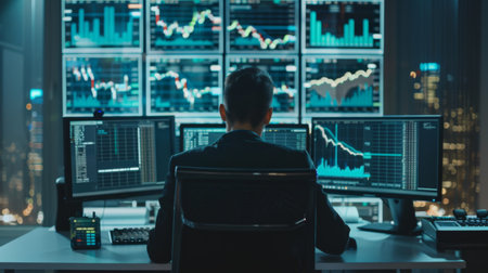 A professional working on a computer with multiple screens displaying financial data and stock market chartsの素材