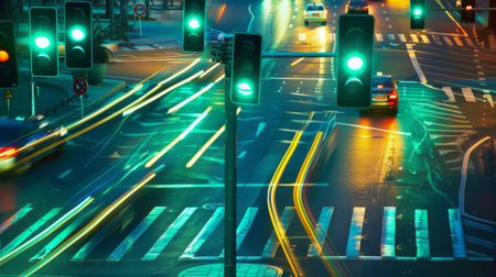 A series of traffic lights along a busy street, all showing green as cars move through the intersection.の素材