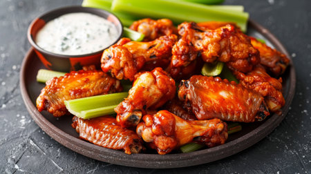 A platter of buffalo wings with spicy sauce, celery sticks, and blue cheese dressing, perfect for game day snacking.の素材