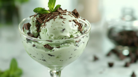 A scoop of refreshing mint chocolate chip ice cream served in a fancy glass dessert dish, garnished with chocolate shavings.の素材