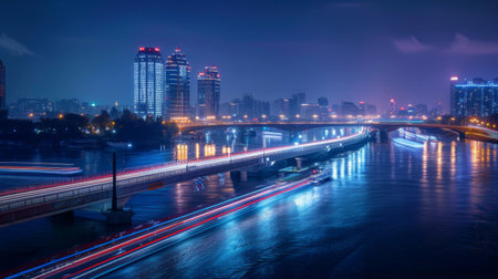 A scenic view of a bridge crossing a river at night, with boats passing underneath and city lights in the background.の素材
