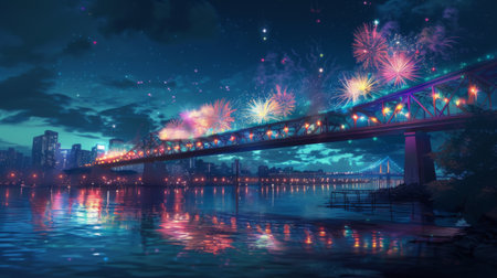 A river bridge at night, with colorful fireworks lighting up the sky and their reflections dancing on the waterの素材