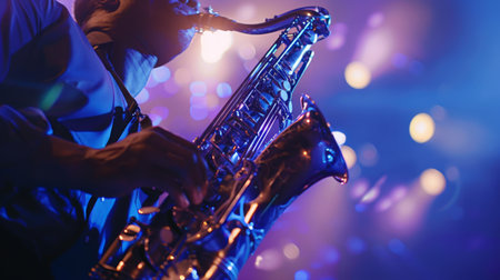 A saxophonist passionately playing a smooth jazz melody, with the instrument gleaming under stage lights.の素材