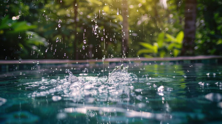 A refreshing splash of water droplets falling into a crystal-clear pool, creating a serene and tranquil scene.の素材