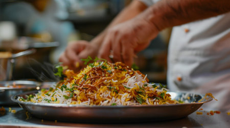 A shot of a chef adding the finishing touches to a plate of biryani, garnished with fried onions and fresh herbs.の素材