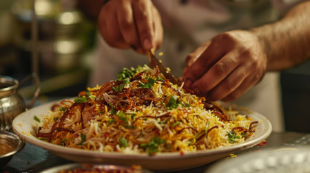 A shot of a chef adding the finishing touches to a plate of biryani, garnished with fried onions and fresh herbs.の素材