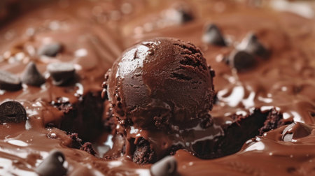 A scoop of rich chocolate ice cream melting on a warm brownie, creating a heavenly combination of flavors and textures.の素材