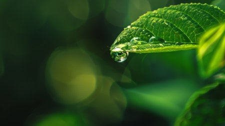 A single water droplet clinging to the edge of a leaf, reflecting the surrounding greenery in its shimmering surfaceの素材