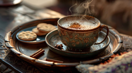 A steaming bowl of masala chai with spices and a plate of biscuits on a traditional Indian tray.の素材